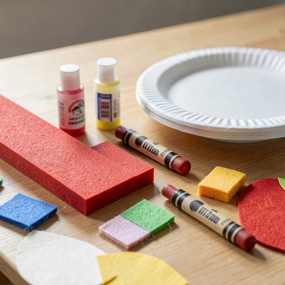 Detal materiałów plastycznych — pianka, filc, kredki