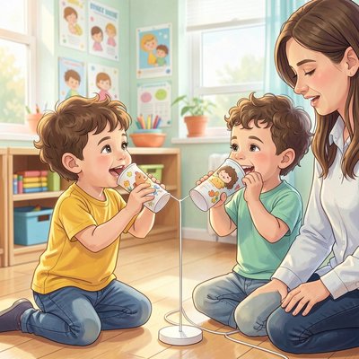 Ilustracja dzieci używających kubkowego telefonu