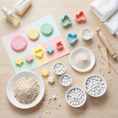 Zestaw materiałów na stoliku — zdjęcie top-down