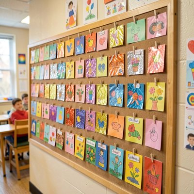 Tablica z wystawionymi pracami dzieci