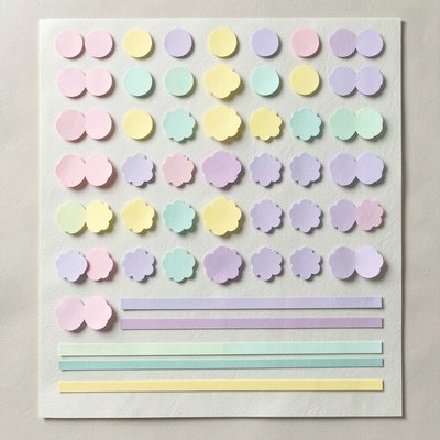 Arkusz elementów dekoracyjnych — kółeczka, kwiatki, paseczki