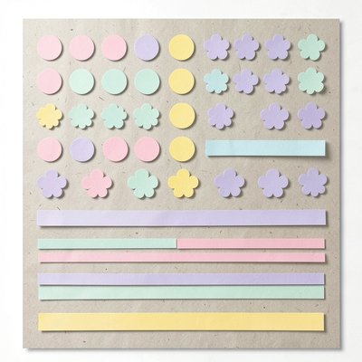 Arkusz elementów dekoracyjnych — kółeczka, kwiatki, paseczki