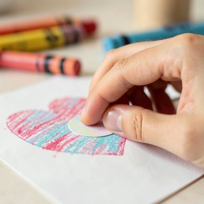 Zbliżenie dłoni dziecka przyklejającej naklejkę