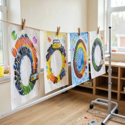 Galeria prac — suszące się prace dzieci