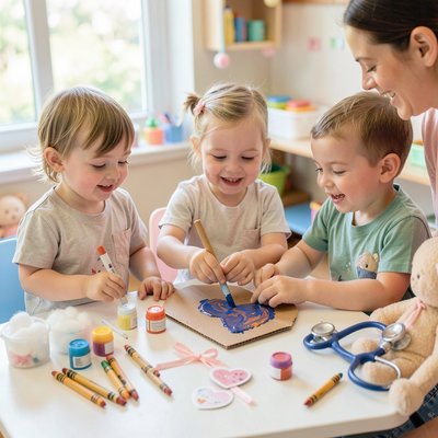 Fotografia akcji — Dzieci tworzą medaliki dla położnej