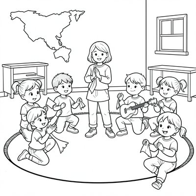 Kolorowanka — scena teatralna dzieci na dywanie