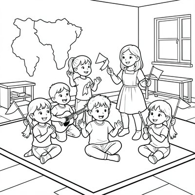 Kolorowanka — scena teatralna dzieci na dywanie