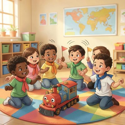 Start podróży — dzieci udają pociąg