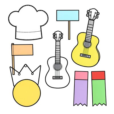 Zestaw rekwizytów do wydrukowania — papierowe czapeczki, flagi, gitara, korony