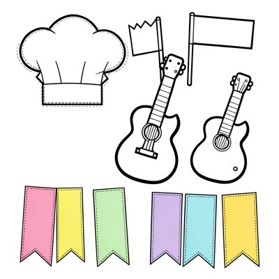Zestaw rekwizytów do wydrukowania — papierowe czapeczki, flagi, gitara, korony