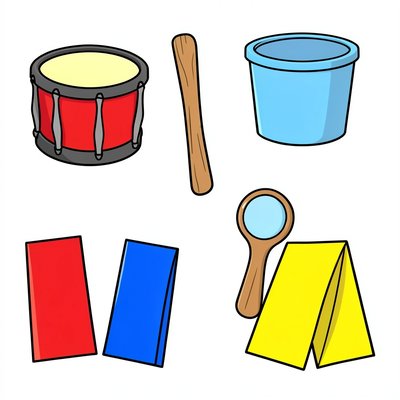 Ilustracje rekwizytów — bębenki i szarfy
