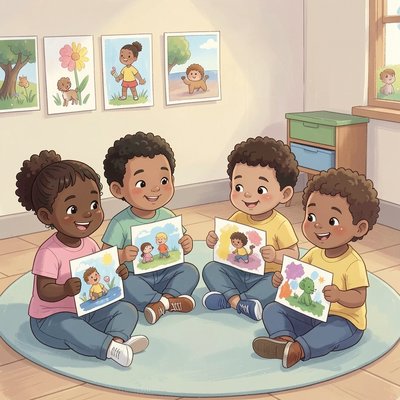 Ilustracja: Dzieci w kole prezentują prace