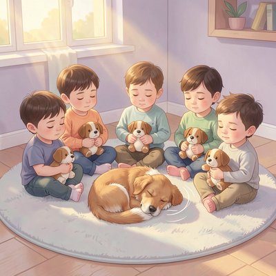 Ilustracja uspokojenia — Pies śpiący i dzieci