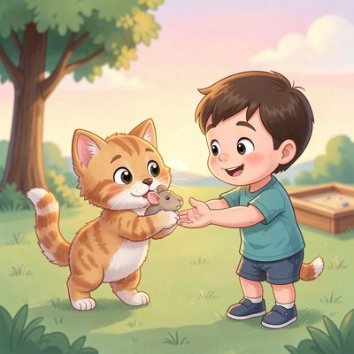 Ilustracja do opowieści: kotek oddaje zabawkę