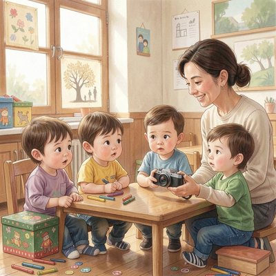 Scenka eksperymentu — dzieci obserwują ekran aparatu