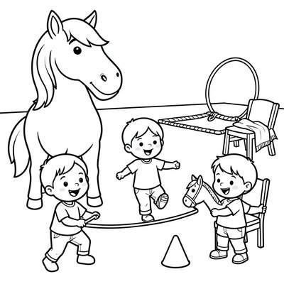 Kolorowanka: koń i dzieci