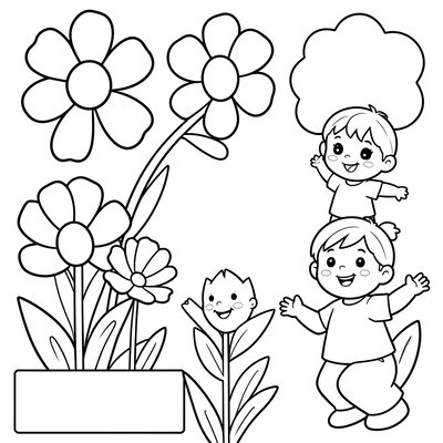 Kolorowanka — kwiaty i tańczące dzieci