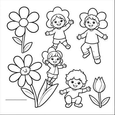 Kolorowanka — kwiaty i tańczące dzieci