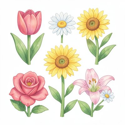 Ilustracje różnych kwiatów