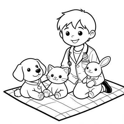 Kolorowanka: weterynarz i pluszaki