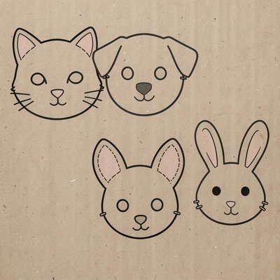 Szablony masek zwierząt (kot, pies, królik) — do wycięcia