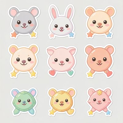 Arkusz naklejek nagród — uśmiechnięte zwierzątka i gwiazdki