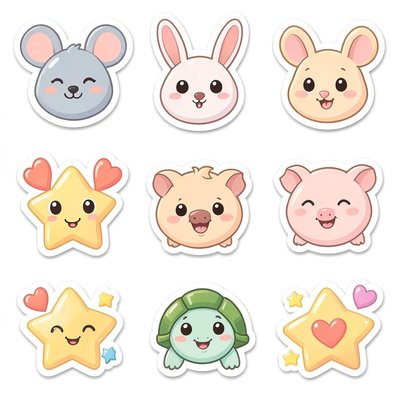 Arkusz naklejek nagród — uśmiechnięte zwierzątka i gwiazdki