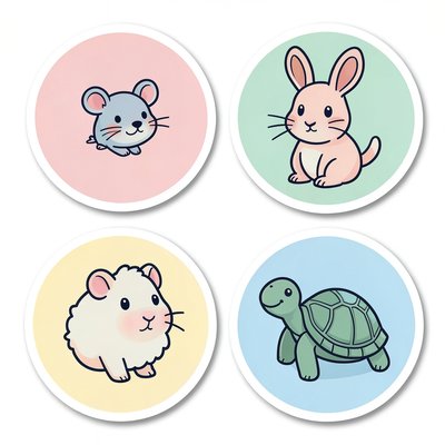 Ikony stacji — okrągłe symbole: myszka, króliczek, świnka morska, żółw