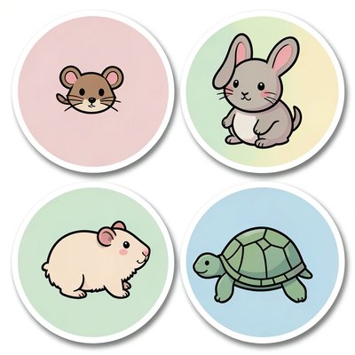 Ikony stacji — okrągłe symbole: myszka, króliczek, świnka morska, żółw