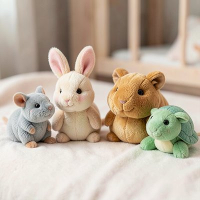 Zestaw pluszaków: myszka, króliczek, świnka morska, żółw