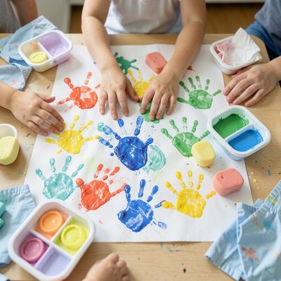 Scena robocza — zbliżenie stołu z materiałami i odciskami