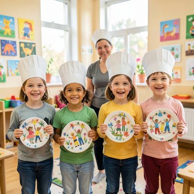 Grupowe zdjęcie: mali szefowie z czapkami i talerzykami