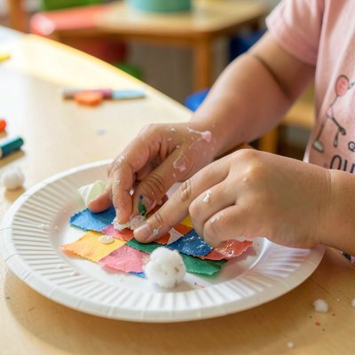 Zbliżenie: dłonie dziecka przyklejające papier na talerzyku