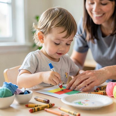 Dziecko przyklejające elementy — scena z zajęć