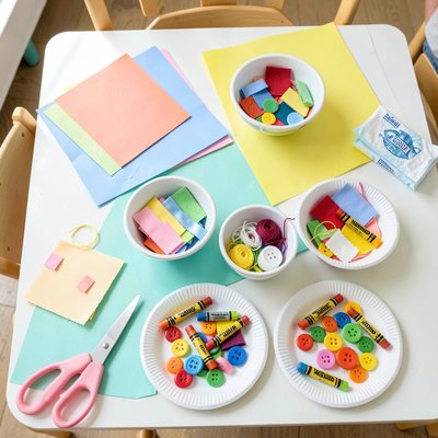 Stół z materiałami — przygotowanie do zajęć