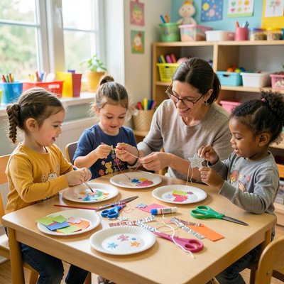 Scena zajęć — dzieci tworzą odznaki