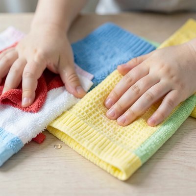 Eksploracja faktur — zbliżenie rąk i tkanin