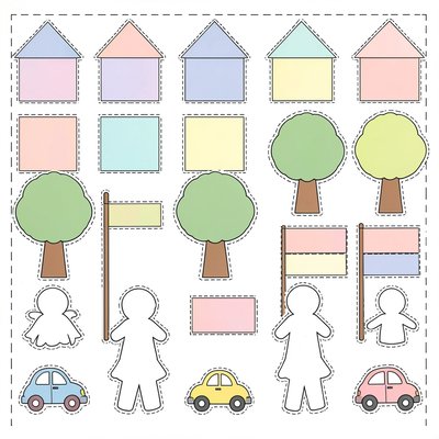 Szablony do wycięcia — domy, drzewa, flagi i postacie