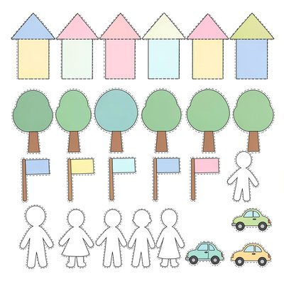 Szablony do wycięcia — domy, drzewa, flagi i postacie