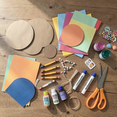 Materiały plastyczne — zestaw do zajęć (flatlay)