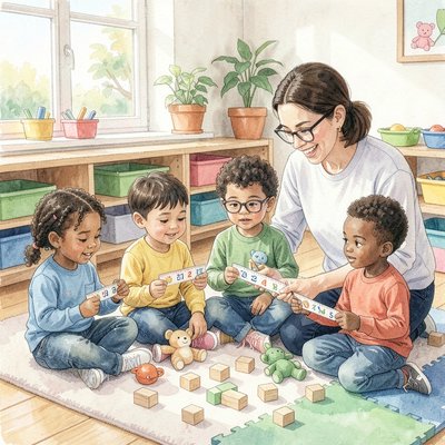 Ilustracja aktywności: dzieci mierzą zabawki