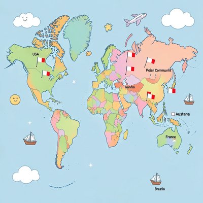 Mapa świata dla dzieci — miejsca Polonii