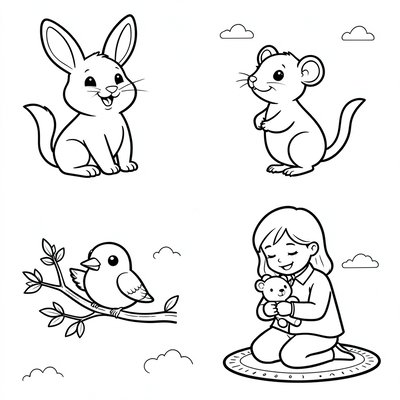 Kolorowanki: Królik, Mysz, Ptak, Opiekun