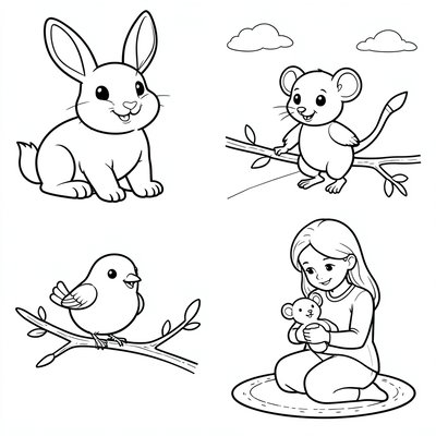 Kolorowanki: Królik, Mysz, Ptak, Opiekun