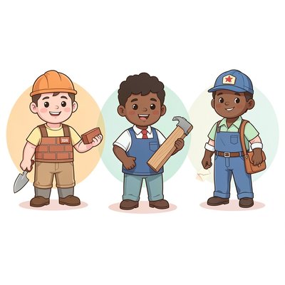 Ilustracje postaci pracowników (murarz, stolarz, listonosz) — zestaw