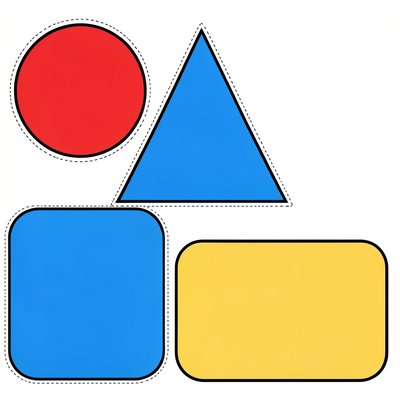 Szablony kształtów do wycięcia (koło, trójkąt, prostokąt) — wersje kolorowe