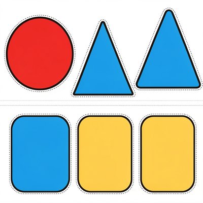 Szablony kształtów do wycięcia (koło, trójkąt, prostokąt) — wersje kolorowe