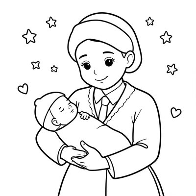 Kolorowanka: położna trzyma noworodka