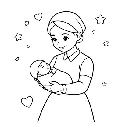 Kolorowanka: położna trzyma noworodka