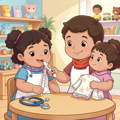 Ilustracja do zabawy dramowej: mierzenie temperatury lalki